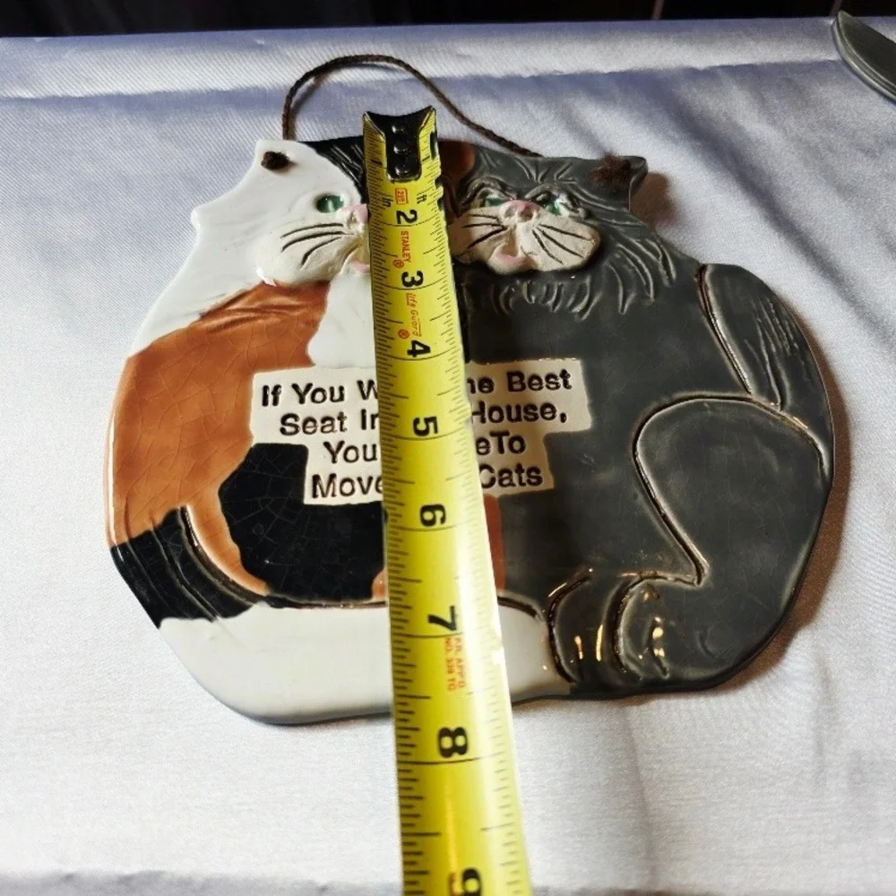 Vintage Green Eye Cats‎ Wall Plaque Humorous Quote Smokey Mountain Pottery 1993